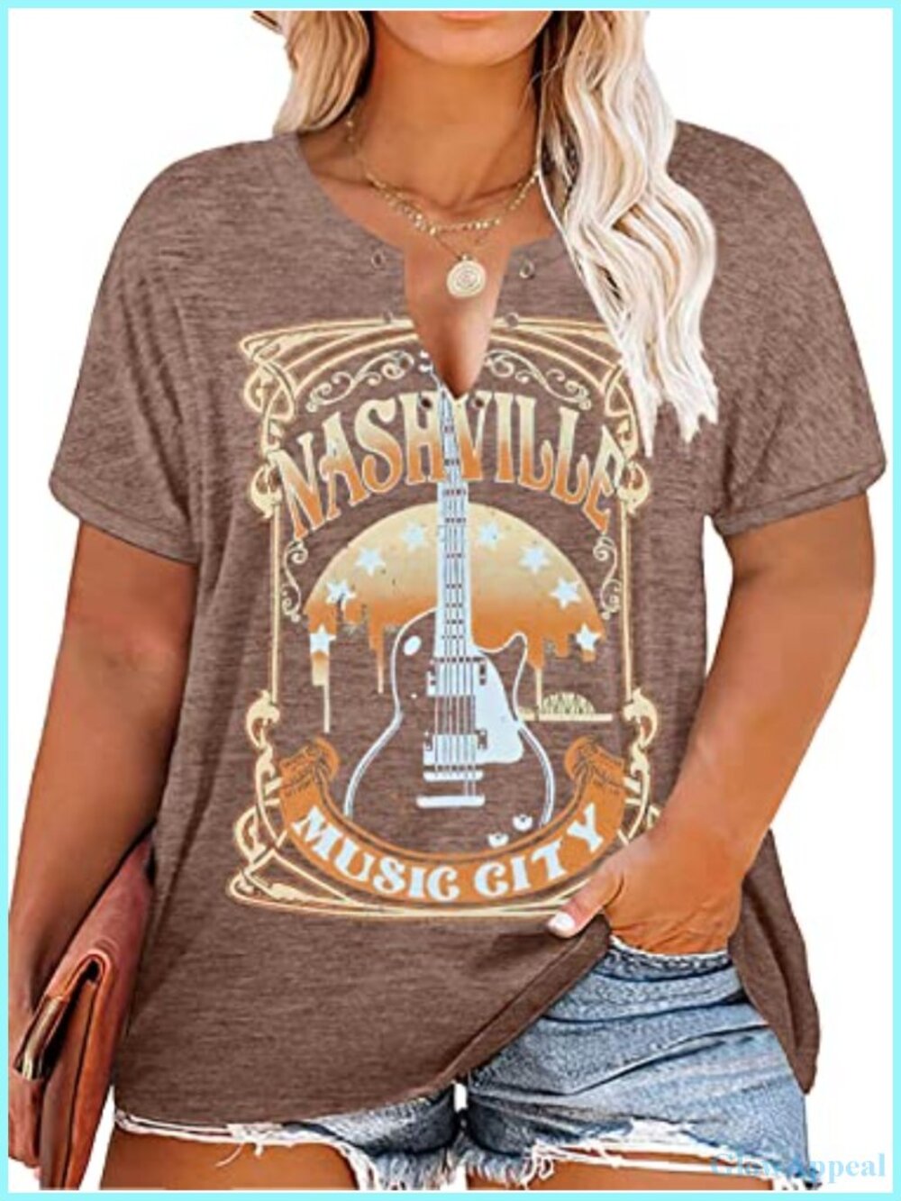 Plus Size Women's V-Neck Graphic Tee Short Sleeve Distressed Ring Hole Country